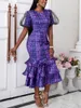 Sukienki imprezowe kobiety vintage fioletowa sukienka z klasą drukowane puff sheer rękawy warstwowe flary skromna syrena jedna kawałek suknia noc