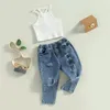 Kledingsets Wallarenear 0-6 jaar Kids Girls 2pcs Modebroek Set Mouwloze Camisole Elastische taille Gescheurde jeans zomeroutfit