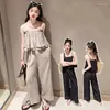 Kleidungssets koreanischer Mädchenanzug Sommersträger Schlinge Top Wide Leghose Zwei-Piece-Anzüge für Mode Kinderprinzessin Girls