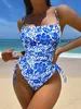 Women's Swimwear Peachtan beachwear for women summer 2024 floral print one piece swimsuit blue swimwear bandeau swimwear bathing suit ladies Y240429