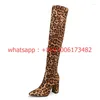 Boots Ins Brown Black Red Leopard Plus Femme Femme pointue pointue Chunky High Talon sur le genou