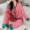 Dampyjamas Spring Autumn Faux Silk Pyjama Ställer in långärmad Cardigan Sleepwear Luxury Womens Pijamas Fashion Pajamas 240428