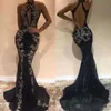 Sirène noire sexy bal 2019 robes en dentelle applique paillettes sans doss longs OCN Forme de soirée robes de fête de soirée fabriquées sur mesure