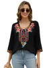 Blouses des femmes Ayualin Casual V cou cou de chemisier lâche Shirts boho oversize blusas vintage noire coton rayonne broderie florale tops