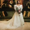 Mouwen jurken bruiloft lange vintage bruidsjurk a line v nek 3D bloemen kanten applique kapel trein tule op maat gemaakte vestidos de novia pplique estidos