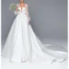 Long Gorgeous Sleeves Neck Gowns Square Bridal Lace Applique Elegant Wedding Dresses Ruched Satin Sweep Train Princess Vestido De Noiva