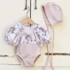 Swimwear zomer babymeisje zwempak jumpsuit+hoed 2 stcs baby peuter bloem badmode puff mouw badpak zomerbaby strand slijtage pak