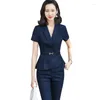 Arbeitskleider Sommergeschäft formelle dunkelblaue Temperament Slim Blazer und Hosen Büro Damen tragen High -End -Kurzarmanzüge Frauen Frauen