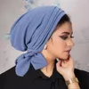 Roupas étnicas 2024 Chapéus de hijab de turbante de cor sólida Capinhas de cauda longa envoltem boné de quimioterapia muçulmana elástica para mulheres meninas