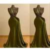 Kleider Olivengrüner Meerjungfrau Abend Pailletten ärmellose Designer Hochhals Sweep -Zug maßgeschneiderte formelle OCN Wear Arabisch Promkleid Vestidos