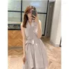 Casual Dresses Kuzuwata Japan Style Summer V-neck Sleeveless Dress Pleated Bow Short Lace Up Stand Collar Vestidos Slim Fit Draped Design