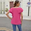 Damen T-Shirts Mode Womens Sommer lässige Single-Breast-Tops Kurzarm Deep V Hals-Knopf UP Ruffle Shirt S-2xl