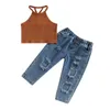 Kledingsets Wallarenear 0-6 jaar Kids Girls 2pcs Modebroek Set Mouwloze Camisole Elastische taille Gescheurde jeans zomeroutfit