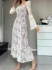 Women Beach Wear Floral Lace White Dress For Women Sexy Long Slve Square Neck Flower Tie-up Long Lace Midi Dresses For Wedding Y240504