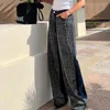 Kvinnors jeans paljetterade löst byxor kvinnor höst mode bred ben hög midja blixtlås ficka shinny tröjor 2024 y2k stil byxor