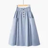 Jupes Drop Ship Summer Preppy Solid High Taist Double Pocket Button Robe coréenne Fashion Knee-Longle Mini jupe pour fille