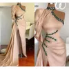 Crystals Dresses Mermaid Designer Beaded Satin Evening Sweep Train One Shoulder Long Sleeves High Neck Prom Gown Formal Wear Custom Made Vestidos