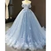 Kleiderkleid Abend Leichter Ball Himmel blau von Schulterhülsen und Applikationen Spitzen formelle Partykleid Vestidos de Quinceanera 0510