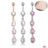 Navelglockenknopf Ringe Piercing für Frauen Langes Dangle Wassertropfen rosa Farbe Zirkon Operation Stahl Sommer Beach Mode Körper Juwel DH5BE