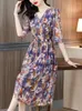 Feestjurken 2024 Paarse bloemen Zijde Ruffed V-Neck Sexy Midi Dress Summer Fashion Light Causal Beach Women Korean Elegant Bodycon Robe