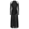 Stage Wear Women Lyrical Dance Dress Glittery Rhinestones Leotard Patchwork Flowy Split Skirts Sheer Mesh Long Sleeve Bodysuit Maxi Dresses