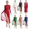 Stage Wear Women Lyrical Dance Dress Glittery Rhinestones Leotard Patchwork Flowy Split Skirts Sheer Mesh Long Sleeve Bodysuit Maxi Dresses