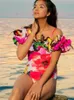 Swimwear de mujeres 2024 Sexy Ruffle Edge Impring One Piece Tuit Brasil Brasil Vintage Spring Bikini Set Chiffon Beach Skirt