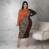 Платья плюс размеры 2022 Женские леопардовые пэчворки с длинным рукавом o-вырезок Bodycon Midi Maxi платья одежда 274z