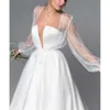 Long Gorgeous Sleeves Neck Gowns Square Bridal Lace Applique Elegant Wedding Dresses Ruched Satin Sweep Train Princess Vestido De Noiva