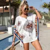 Retro Bikini Swimsuit Beach Cover up up en V-Neck Lace Print Protection Sun Amorting Jirt