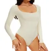 Women's Shapers GUUDIA Open Crotch Big U Neck Seamless Bodysuit Long Sleeve Spandex Elastic Body Suit Shapewear Tummy Control Waist