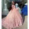 Quinceanera Floral Rosa 3D Abiti in pizzo con applique Tulle Swee Trein Trein Trein Pleats Sweet 15 16 Birthday Ball Abito da ballo su misura T