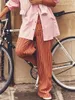 여자 바지 여성 캐주얼 헐렁한 드로우 스트링 허리 와이드 다리 줄무늬 바닥 길이 바닥 길이 바지 주머니