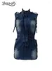 Robes décontractées Benuyffy Half Zipper Washed Cargo Denim robe Femme Summer 2024 Fashion Streetwear Sans manches