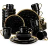 Élégant ensemble de vaisselle en noir et or pour 4 - Assiettes et bols à la main de 16 pièces avec garniture en or - Dîner de lave-vaisselle