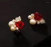 Kolczyki z kwiatami stadniny Beauul czerwona róża imitacja Pearl Crystal Girl Prosty uszy biżuteria prezent1617545