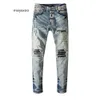 Wasser Amiirii Purple Jeans Herren waschen Mode Jean 2024 Demin Old Blue Cow Hole Patch Dünne schlanke elastische Beinbein THWQ