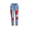 Jeans femminile signore sciolte che si allungano 3d strappati con ricami rosa fiore elastico pantaloni in denim in alto y2k