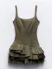 Casual Dresses Womens Chic Army Green Sexy Suspender Mini Dress Irregular Sleeveless Pleated Bodycon Vestidos Female 2024 High Streetwear