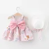 Jurken Baby Girls Big Bow Flower Gedrukte Jurk Summer Jurk+Hat 2pcs Suits Peuter Kids kostuum Princess Aline Mouwloze Vetidos