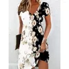Casual jurken zomer korte mouwen v-hals dames kleden retro bloemenprint mini grote size 6xl elegante dame knielengte