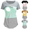 Sleep Lounge Nya moderskapskläder Casual Top Nursing Care T-shirt Striped Printed Womens Short Sleid Maternity Shirtl2405