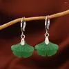 Bengelen oorbellen ethische ginkgo bladwaterdruppel voor vrouwen zilveren kleur metaal groen witte steen kralen oorbel vintage oor sieraden