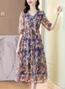 Feestjurken 2024 Paarse bloemen Zijde Ruffed V-Neck Sexy Midi Dress Summer Fashion Light Causal Beach Women Korean Elegant Bodycon Robe