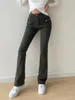 Frauen Jeans Tvvovvin würziges Mädchen gewaschen hohe Taille Flare Frauenbeutel Hüften zeigen dünne elastische Beine langer Schlepphosen Eyvb