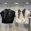 Women's Blouses 2024 Spring Niche Sequined Collar Edge Design Temperament Loose Sleeveless Shirt Y2k Top Short Buttons Blusa