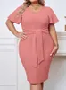 Plus size jurken GibSie Solid Tie Front bodycon potlood jurk vrouwen 2024 zomer v nek korte mouw elegante kantoor dame mini