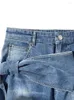 Kvinnors tvåbitar byxor mode bågar bandage denim sling väst hög midja bred ben rak jeans kvinnlig 2024 vår trendig 33a1173