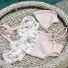 Swimwear zomer babymeisje zwempak jumpsuit+hoed 2 stcs baby peuter bloem badmode puff mouw badpak zomerbaby strand slijtage pak