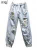 Frauen Jeans Y2K Perlen Spleißloch Loch Design Vintage für Frauen 2024 Sommer Schnüre-up gewaschene Loose Mode Harem Pants 3WQ4960